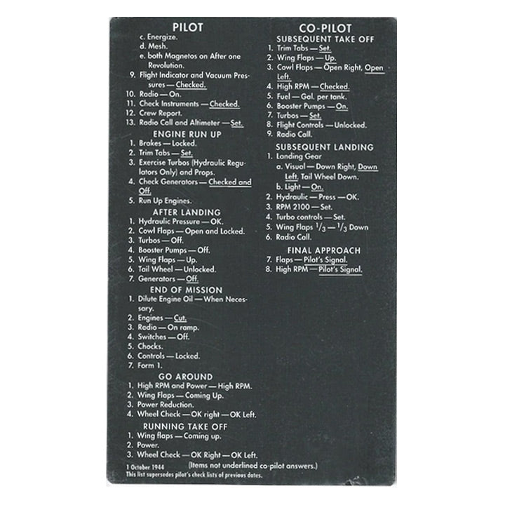 Replica of the official AAF Pilot's Check List for the Boeing B-17F and B-17G Flying Fortress — back