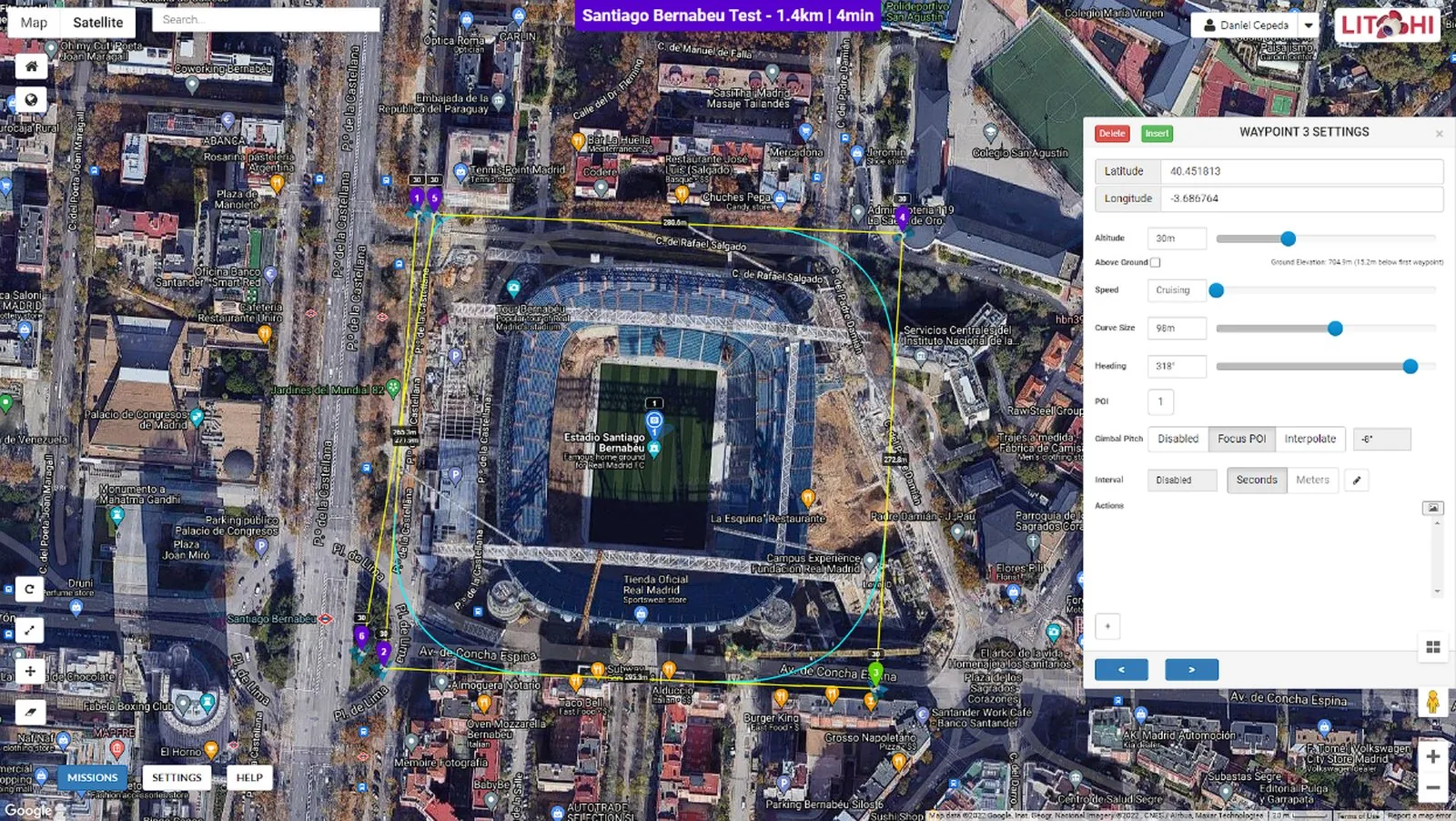 Litchi Mission Hub showing waypoint mission plan over satellite imagery with flight path and settings panel