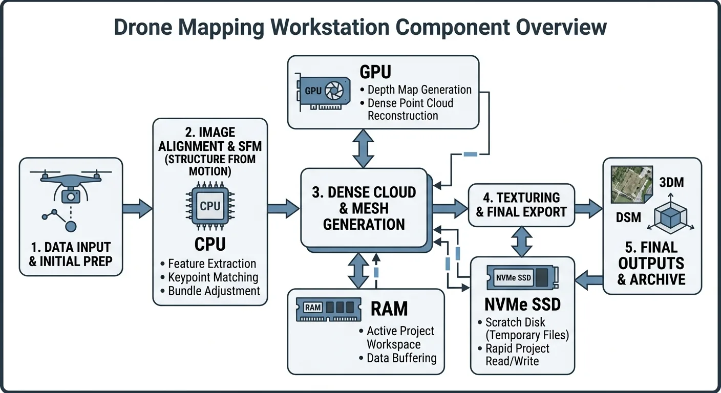 Hardware load by processing stage — CPU, GPU, RAM, and Storage demand across alignment, dense cloud, mesh, and export phases